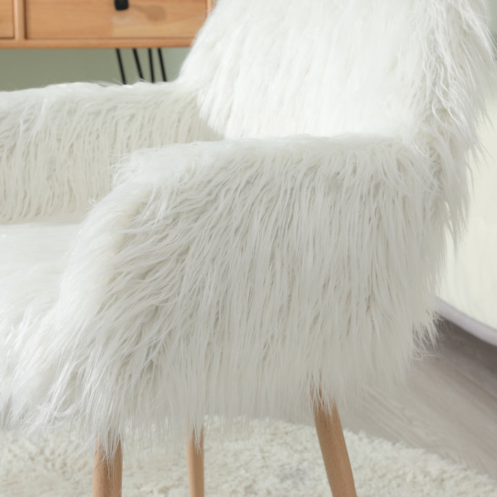 WHITE Faux Fur Upholstered Make up chair Side Dining Chair with Metal Leg(WHITE+Beech Metal Leg)