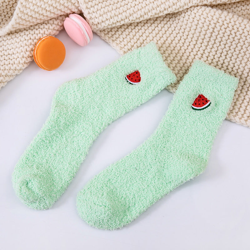 Coral velvet socks embroidered with fruits