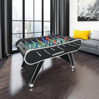 Professional 56-Inch Foosball Table with red and blue players, sleek design, set in a modern living room.