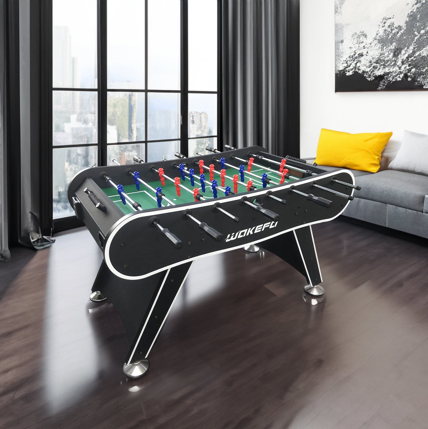 Professional 56-Inch Foosball Table with red and blue players, sleek design, set in a modern living room.