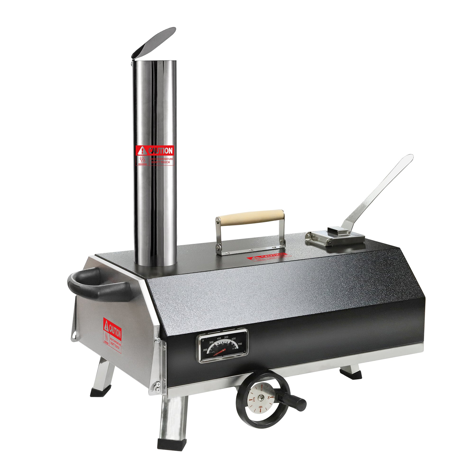 Portable 12" Wood-Fired Outdoor Pizza Oven with rotating turntable, stainless steel chimney, and temperature gauge.