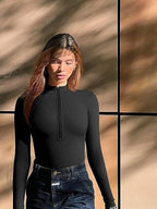 Ribbed Long Sleeve Bodysuit with Front Zip - Classyfashion24.com