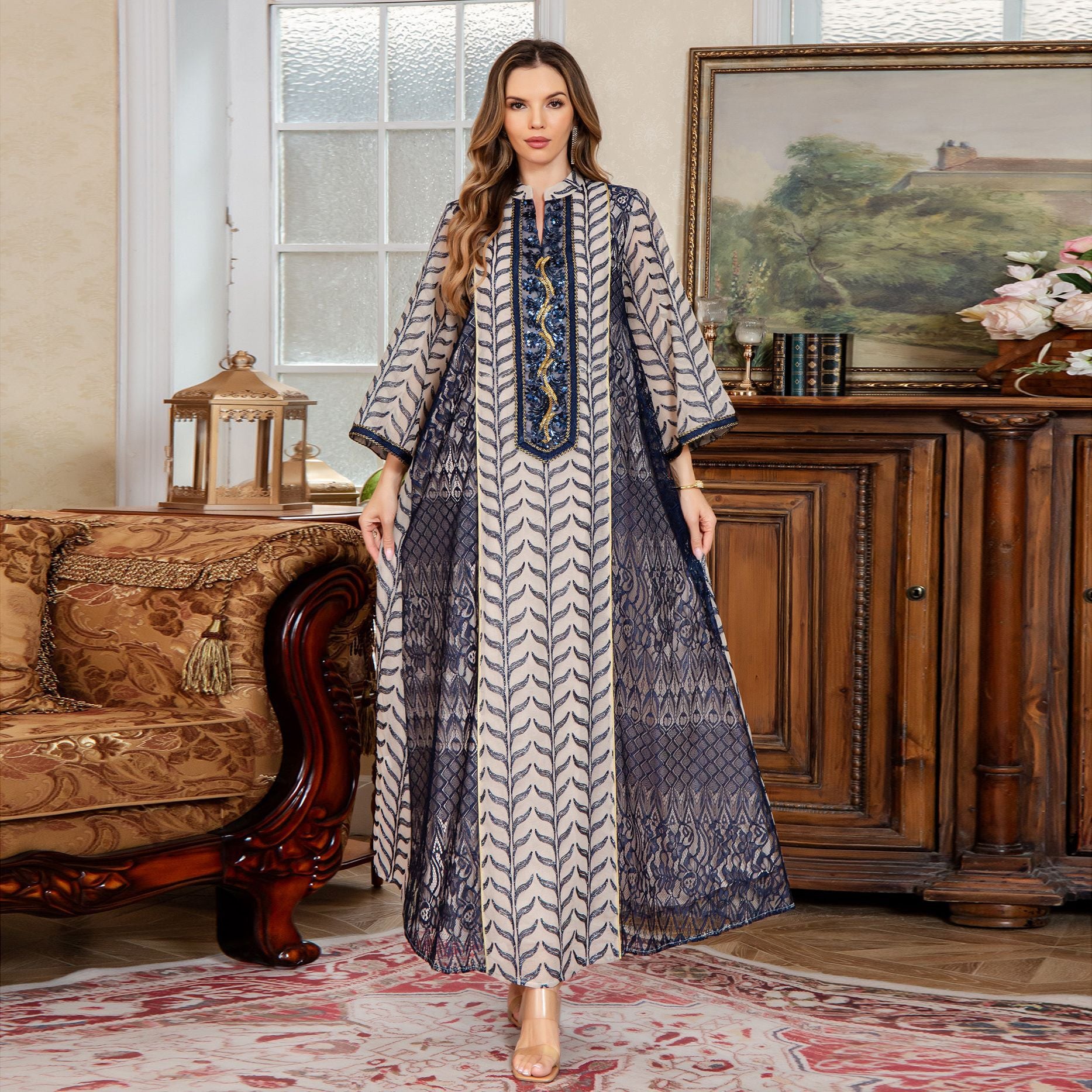 New Mesh Embroidered  Middle Eastern Clothing Dubai Long Dress Festival  Muslim Women's - Classyfashion24.com