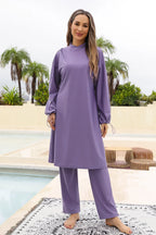 Cap, Drawstring Mock Neck Long Sleeve Top and Pants Swim Set - Classyfashion24.com