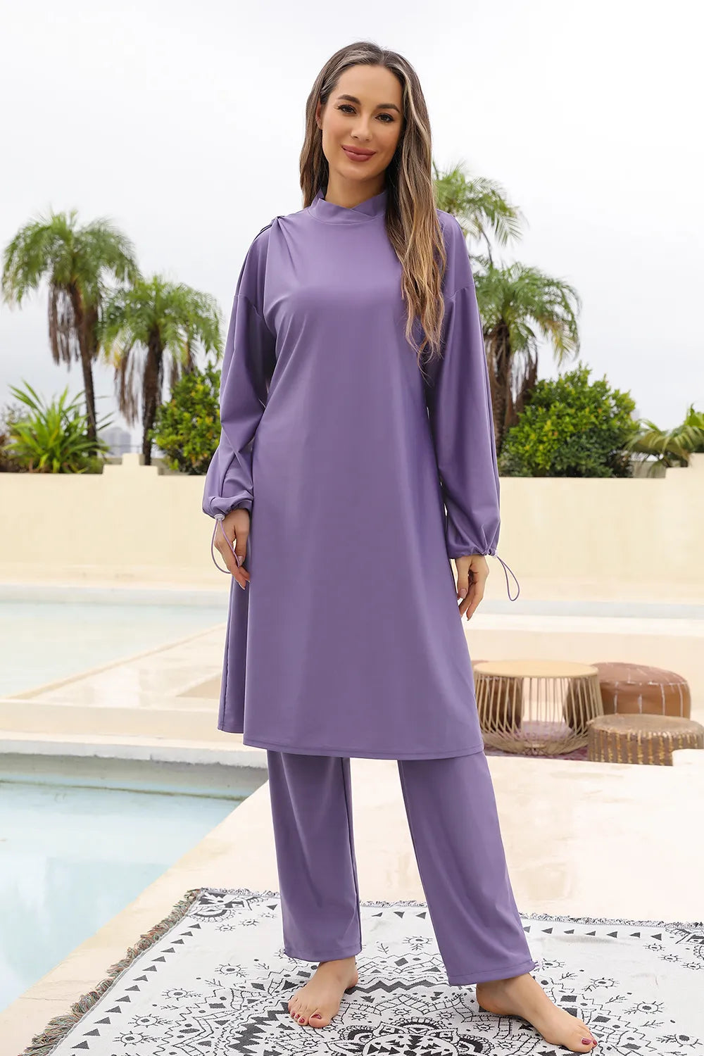 Cap, Drawstring Mock Neck Long Sleeve Top and Pants Swim Set - Classyfashion24.com