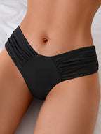 Solid Color Sexy Bikini – Pleated Low Waist Triangle Swimsuit featuring a sleek black design with pleated detailing on the si