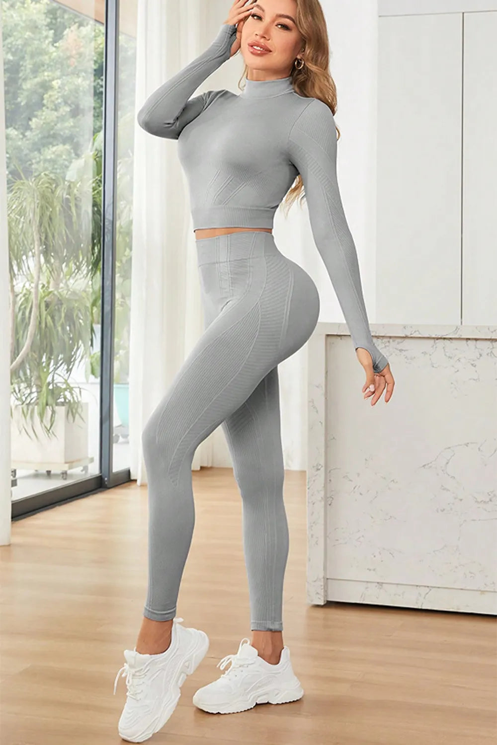 Mock Neck Long Sleeve Top and Leggings Active Set - Classyfashion24.com