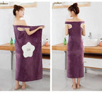 Wearable Coral Fleece Bath Towel Dress in purple, featuring off-shoulder design and absorbent fabric, ideal for spa or bath u
