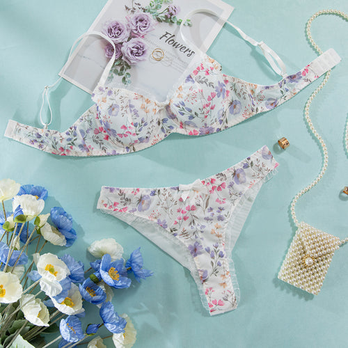 Cute 3-Piece Mesh Lingerie Set with Butterfly Knot Detail featuring floral print bra, matching thong, and decorative accessor