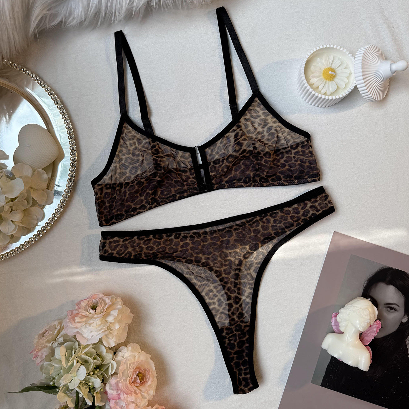Mesh Leopard-Print Lingerie Set for Women