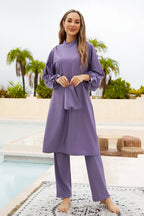 Cap, Drawstring Mock Neck Long Sleeve Top and Pants Swim Set - Classyfashion24.com