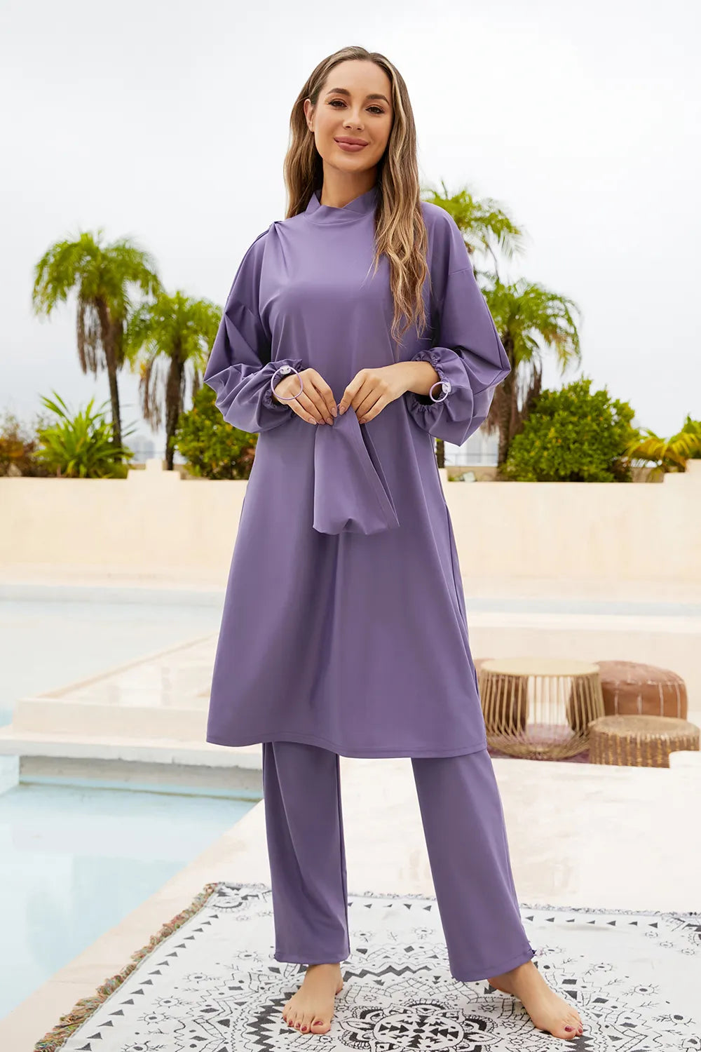 Cap, Drawstring Mock Neck Long Sleeve Top and Pants Swim Set - Classyfashion24.com