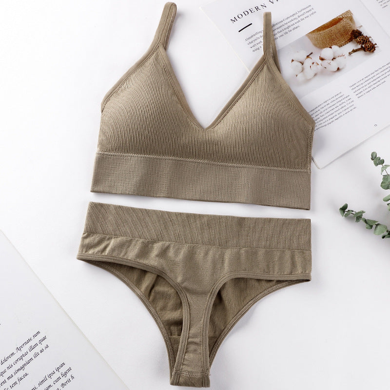 No Rimless Vest Style Wrap Chest Mid Waist Sexy Thong in a soft beige color, featuring a seamless design for comfort.