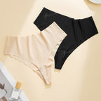 Two pairs of seamless high-waist T-back underwear in nude and black, designed to prevent camel toe and ensure comfort.