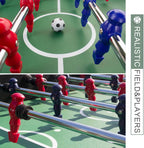 Professional 56-Inch Foosball Table with red and blue players on a green field, featuring a soccer ball in the center.