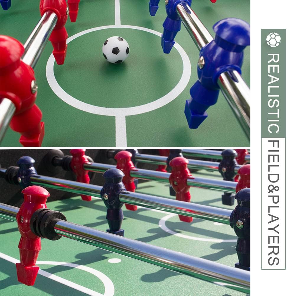 Professional 56-Inch Foosball Table with red and blue players on a green field, featuring a soccer ball in the center.
