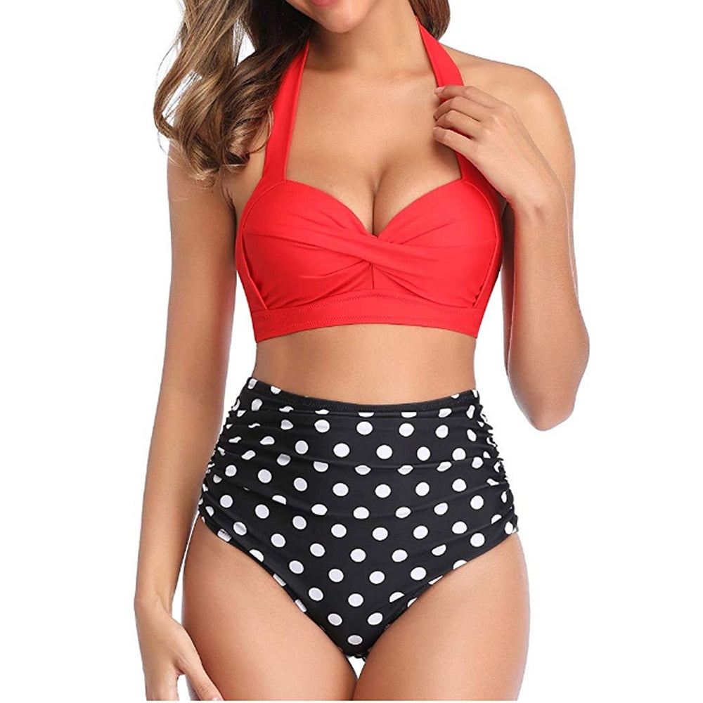 Sexy High Waist Bikini Florial Print Tankini Halter Sexy Bikini Set Polka Dot Female Swimwear Ladies Bathing Suit Plus Size XXL - Classyfashion24.com