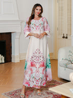 Summer New Muslim Printed Dress Party Middle East Long Dress Abaya Sequined Printed Robe - Classyfashion24.com