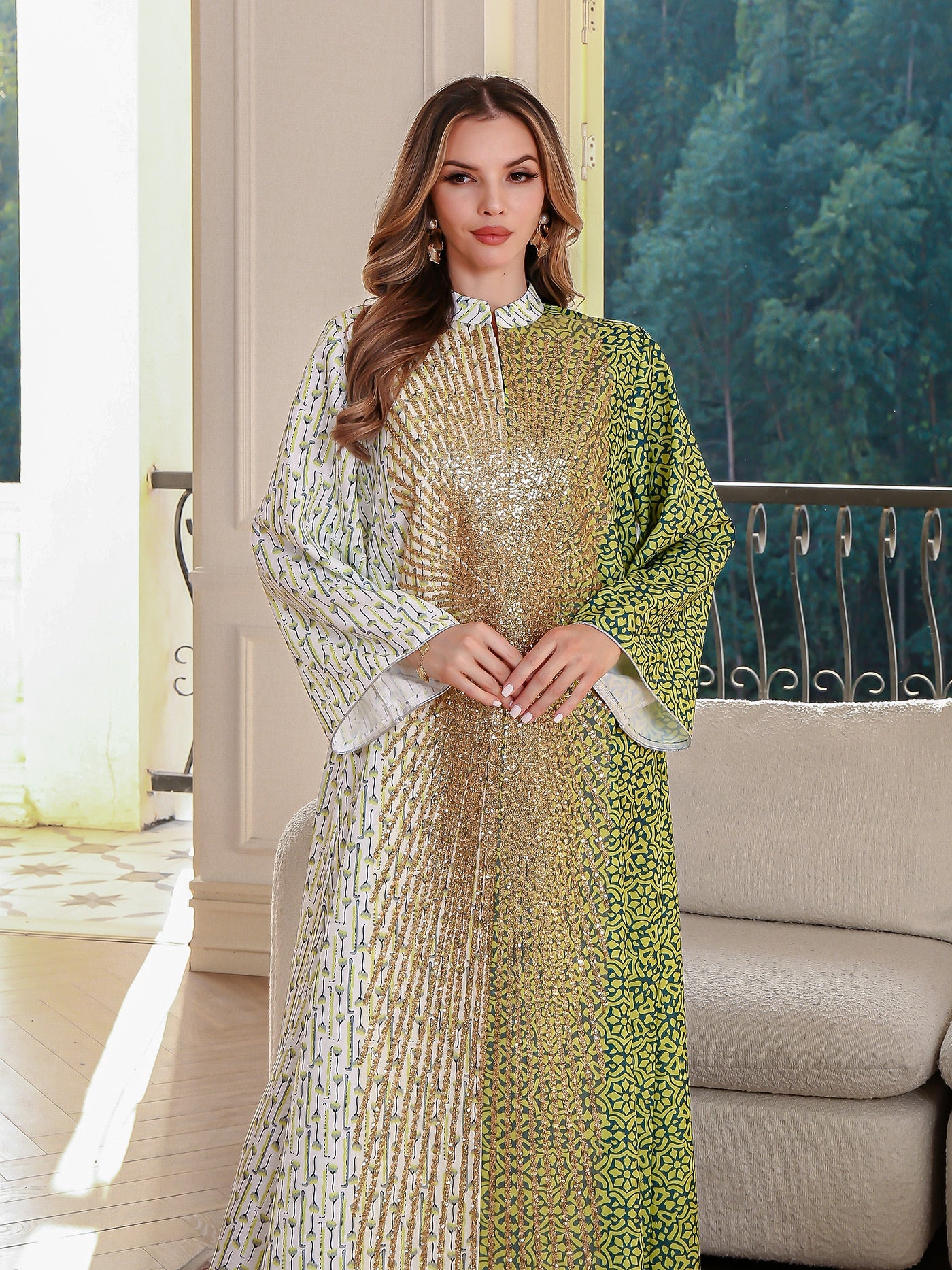 Summer Muslim Spliced Beaded Long Robe Middle Eastern Dubai Abaya Printed Maxi Dress - Classyfashion24.com