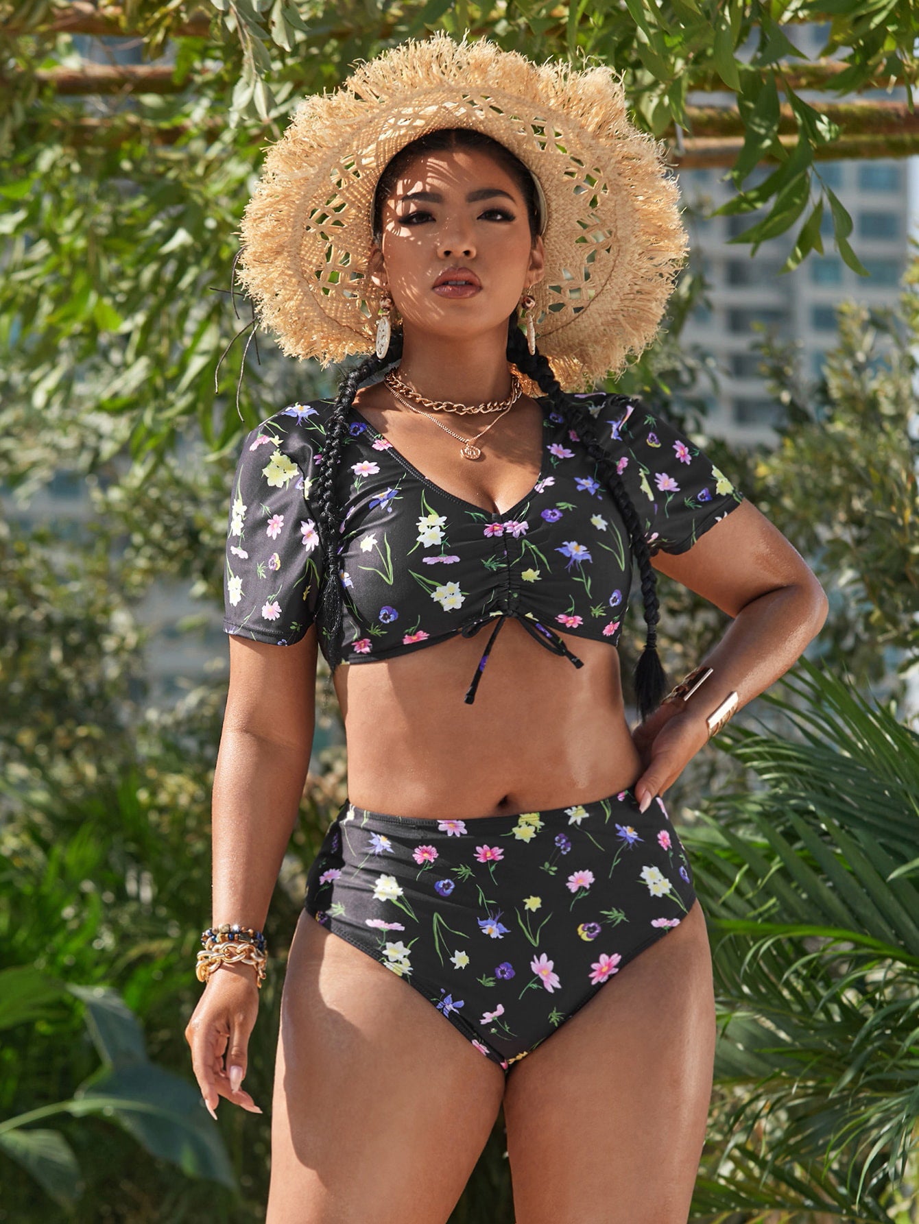 Plus Size Floral Swimwear with Drawstring Design - Classyfashion24.com