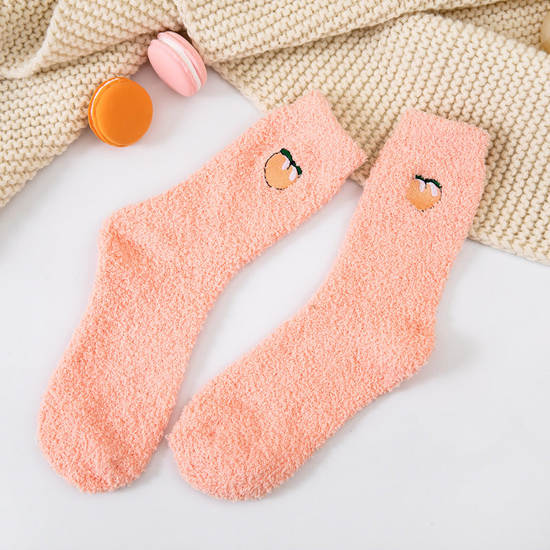 Coral velvet socks embroidered with fruits