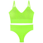 Neon green women's underwear set featuring a thin triangle cup sports vest bra and matching bottom.