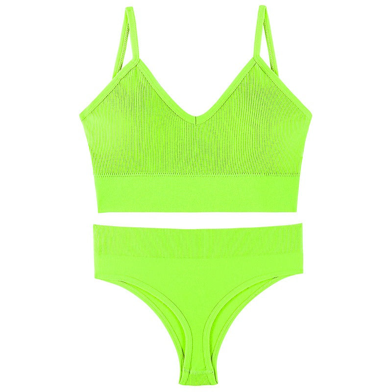 Neon green women's underwear set featuring a thin triangle cup sports vest bra and matching bottom.