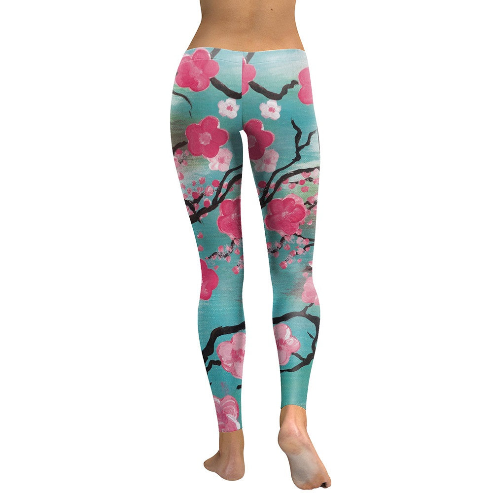Pink Plum Blossom Leggings – Digital Print High Waist Fitness Workout Pants