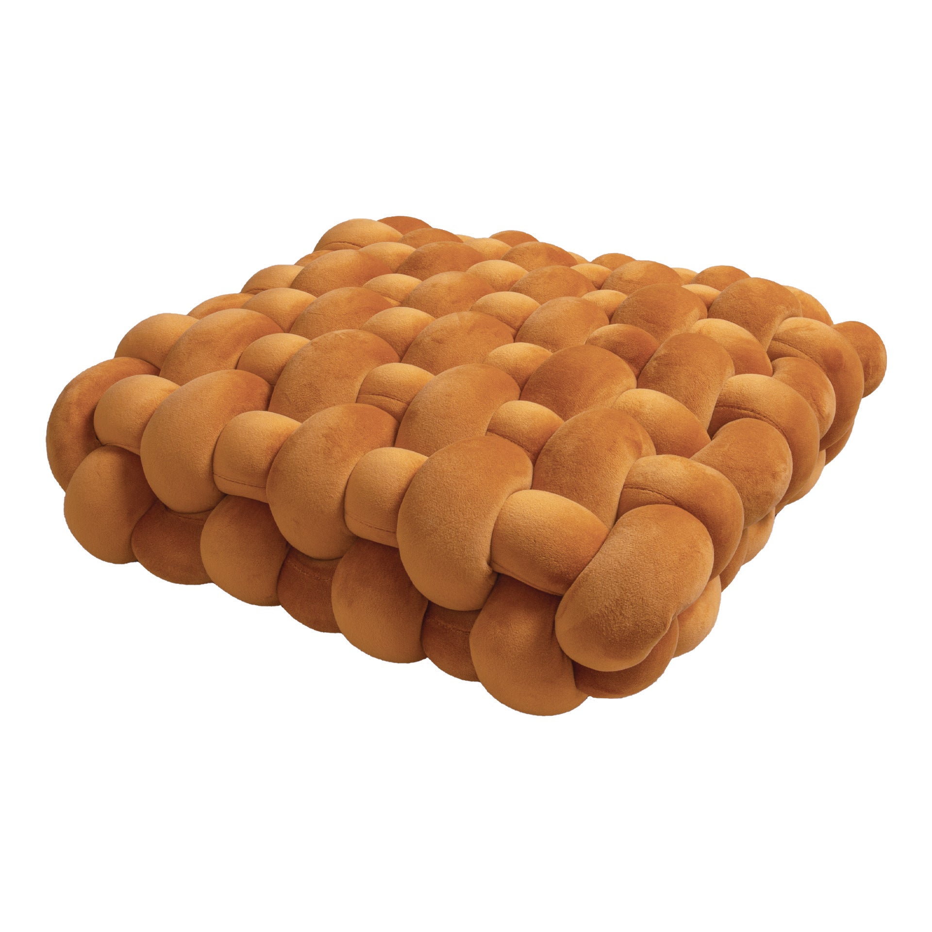 Square woven plush seat cushion in warm orange tones, ideal for sofas or bay windows, adding a decorative touch.