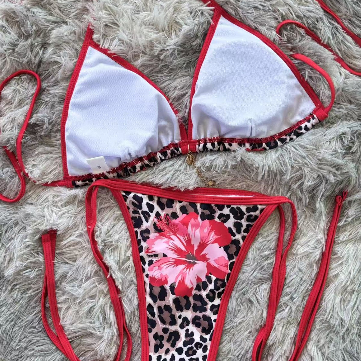 Leopard Print Red Flower Bikini Tie-Up Two-Piece Swimsuit Bikini Export - Classyfashion24.com