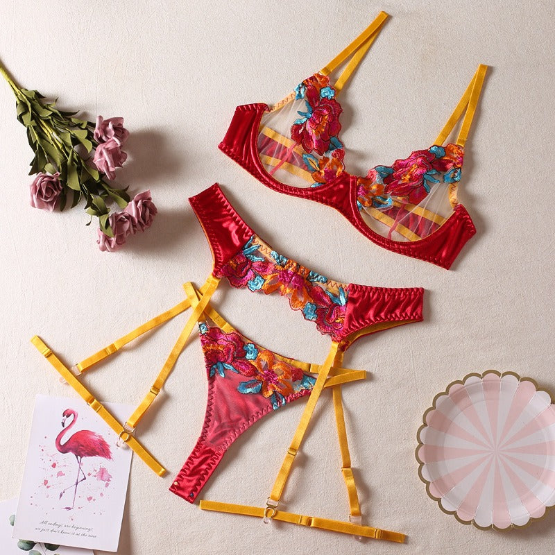 Embroidered Lingerie Garter Set for Women