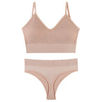 Classyfashionz women's gathered underwear set featuring a thin triangle cup sports vest bra and matching thong in a nude colo