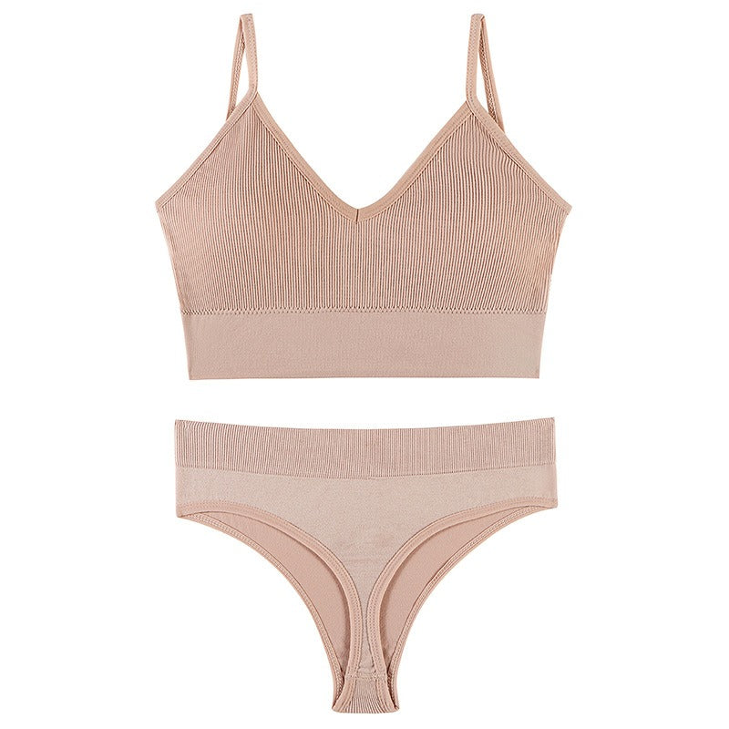 Classyfashionz women's gathered underwear set featuring a thin triangle cup sports vest bra and matching thong in a nude colo