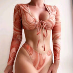 Split long sleeved lace up printed bikini - Classyfashion24.com
