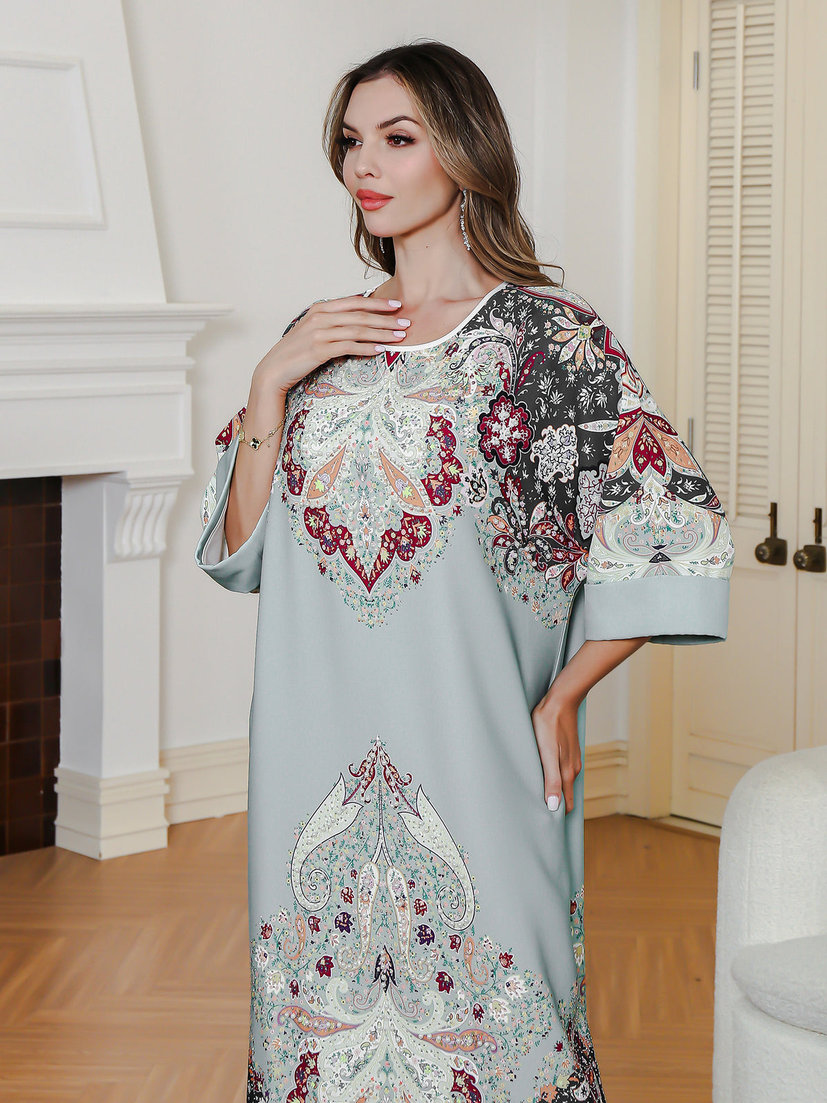 Muslim Printed Diamond-Embedded Dress Elegant Long Robe for Middle Eastern Women - Classyfashion24.com