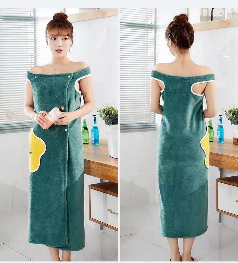 Wearable Coral Fleece Bath Towel Dress in green with yellow accents, featuring off-shoulder design and side pockets.