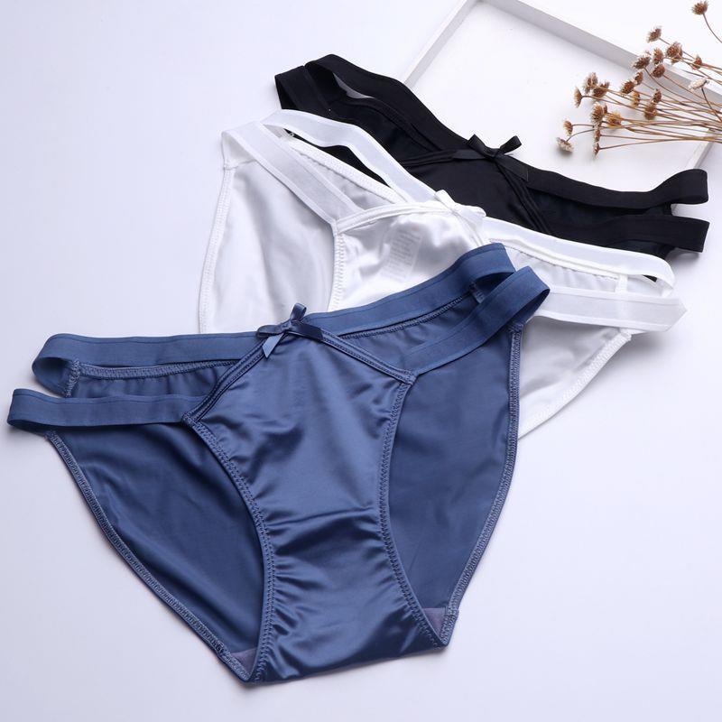 Satin Milk Silk girl underwear in blue, white, and black. Features a sexy hollow butterfly knot and seamless design.
