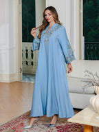 Elegant V-neck Muslim Dress with Islamic Embroidery and Rhinestones Long Skirt Women's Prayer Wear - Classyfashion24.com