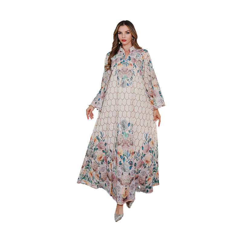 Elegant Embroidered Printed Muslim Long Dress Women's Clothing - Classyfashion24.com