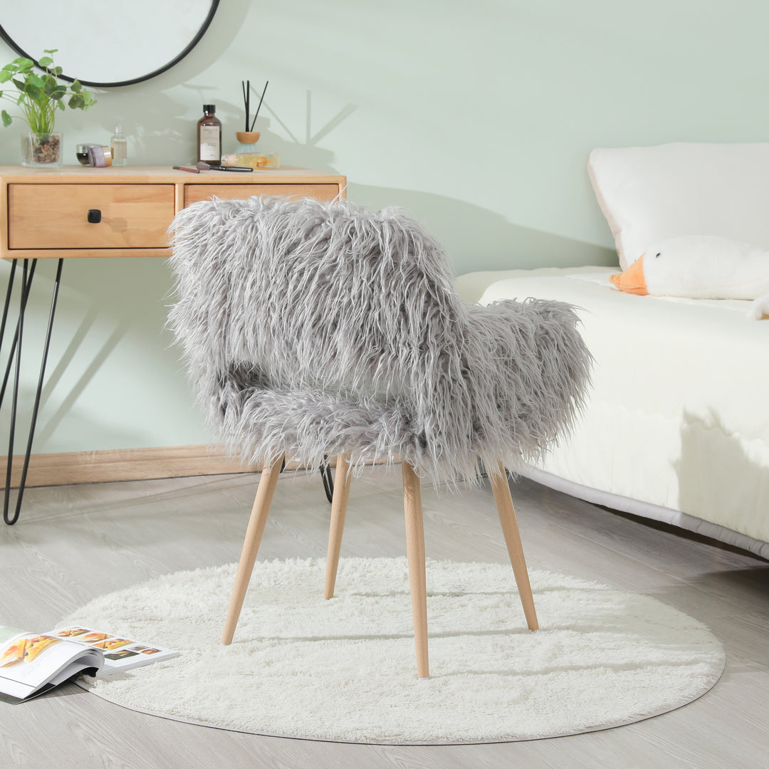 GREY Faux Fur Upholstered Make up chair Side Dining Chair with Metal Leg(GREY+Beech Metal Leg)