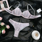 Cute 3-Piece Mesh Lingerie Set with Butterfly Knot Detail featuring a floral bra, matching thong, and delicate accents.
