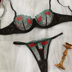 red 2-piece lingerie set laid flat showing top and bottom.
