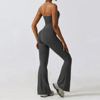 Gray bell bottoms gym set for women, featuring a strapless design and flared leggings, ideal for workouts and yoga.
