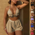 Three piece swimsuit bikini with neck tie and split flat angle pants - Classyfashion24.com