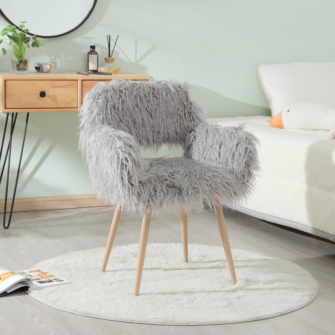 GREY Faux Fur Upholstered Make up chair Side Dining Chair with Metal Leg(GREY+Beech Metal Leg)