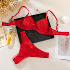 Cute 3-Piece Mesh Lingerie Set in red with butterfly knot detail, includes bra, thong, and matching accessories.