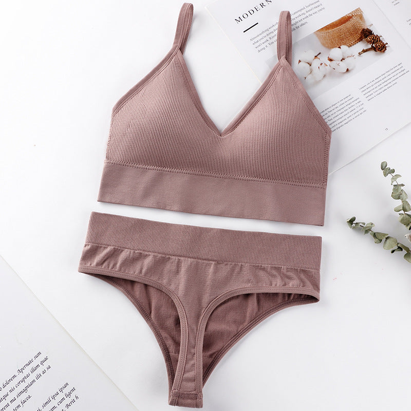 No Rimless Vest Style Wrap Chest Mid Waist Sexy Thong Comfortable Breathable Thin Seamless Underwear Set