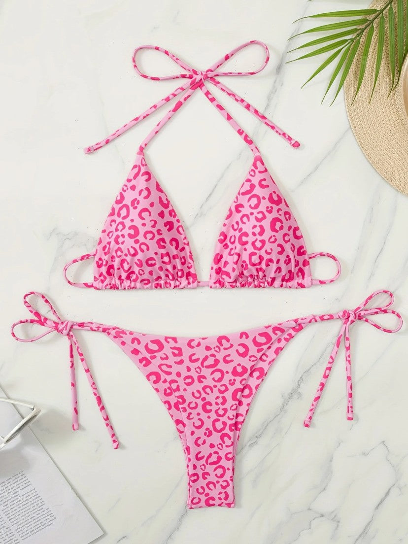 Pink Leopard Print Bikini Set for Women, Halter Neck Two-Piece Swimsuit with Elegant Design - Classyfashion24.com