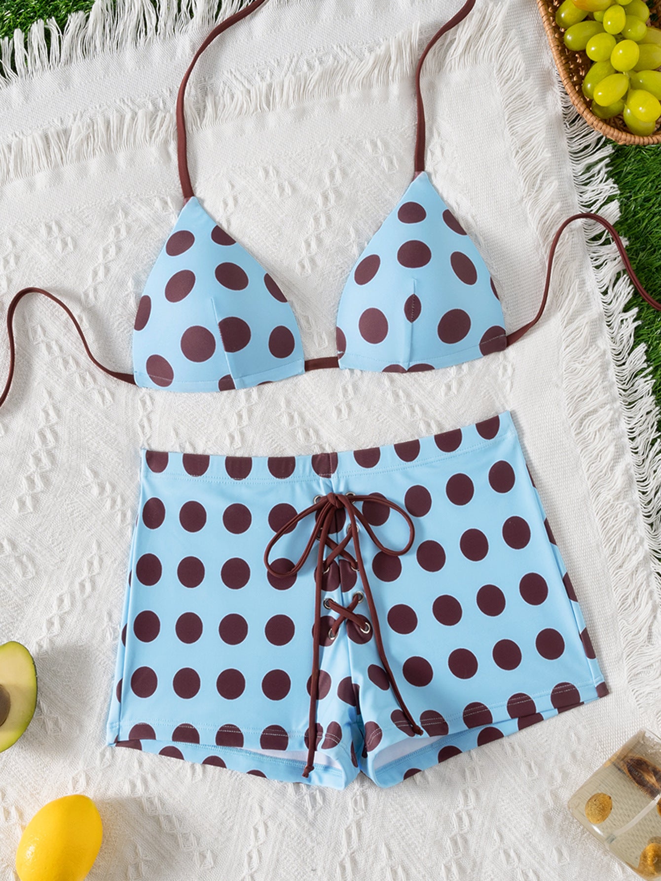 Wave point neck hanging triangle cup bikini strap flat angle split swimsuit - Classyfashion24.com