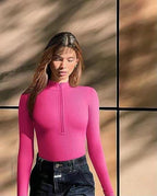 Ribbed Long Sleeve Bodysuit with Front Zip - Classyfashion24.com